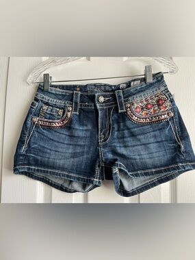 Miss Me Embellished Denim Shorts - Dark Blue with Red Embroidered Accents 26